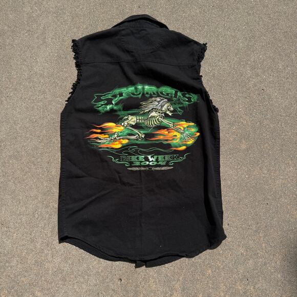 Men's Vintage 2004 Sturgis Bike Week Black Skeleton Flame Cut Off Vest Sz Medium - Picture 1 of 6